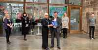 Inverclyde Council library service SLIC Award honour. From left, Inverclyde Libraries staff Emma Eremin, Marian Taggart, Alison Nolan, Councillor Jim Clocherty, Gail Colbron, Craig Miller.